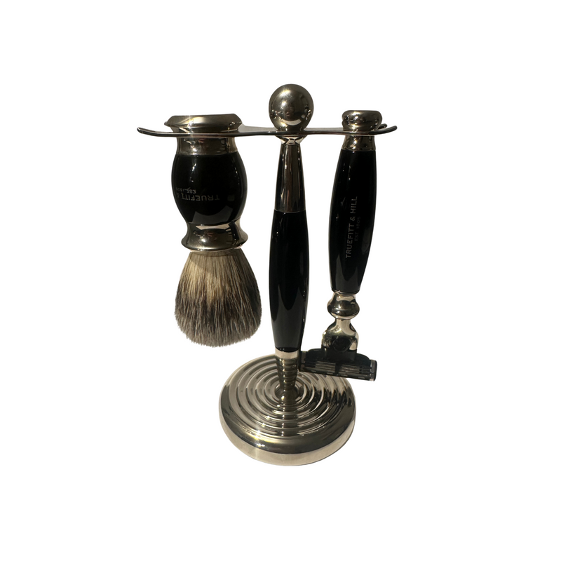 Truefitt & Hill Edwardian Set Faux HORN: Badger Brush + MachIII Razor + Stand