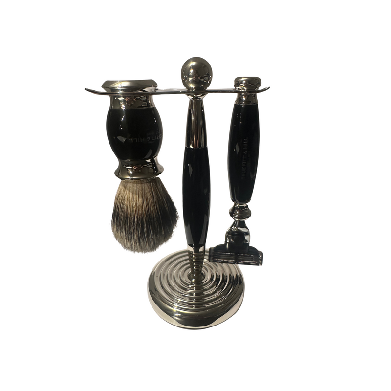 Truefitt & Hill Edwardian Set Faux EBONY: Badger Brush + MachIII Razor + Stand